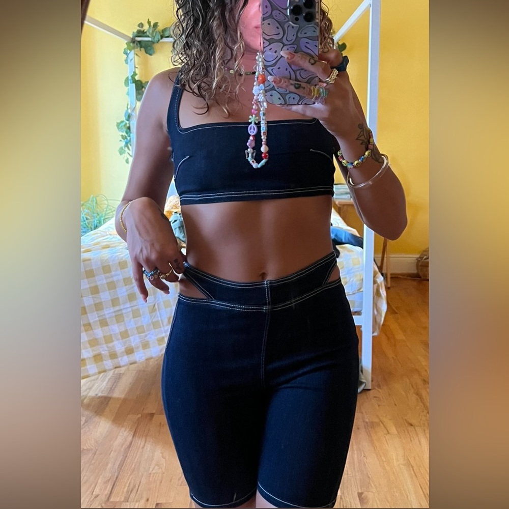 Denim cutout biker and crop set 💙